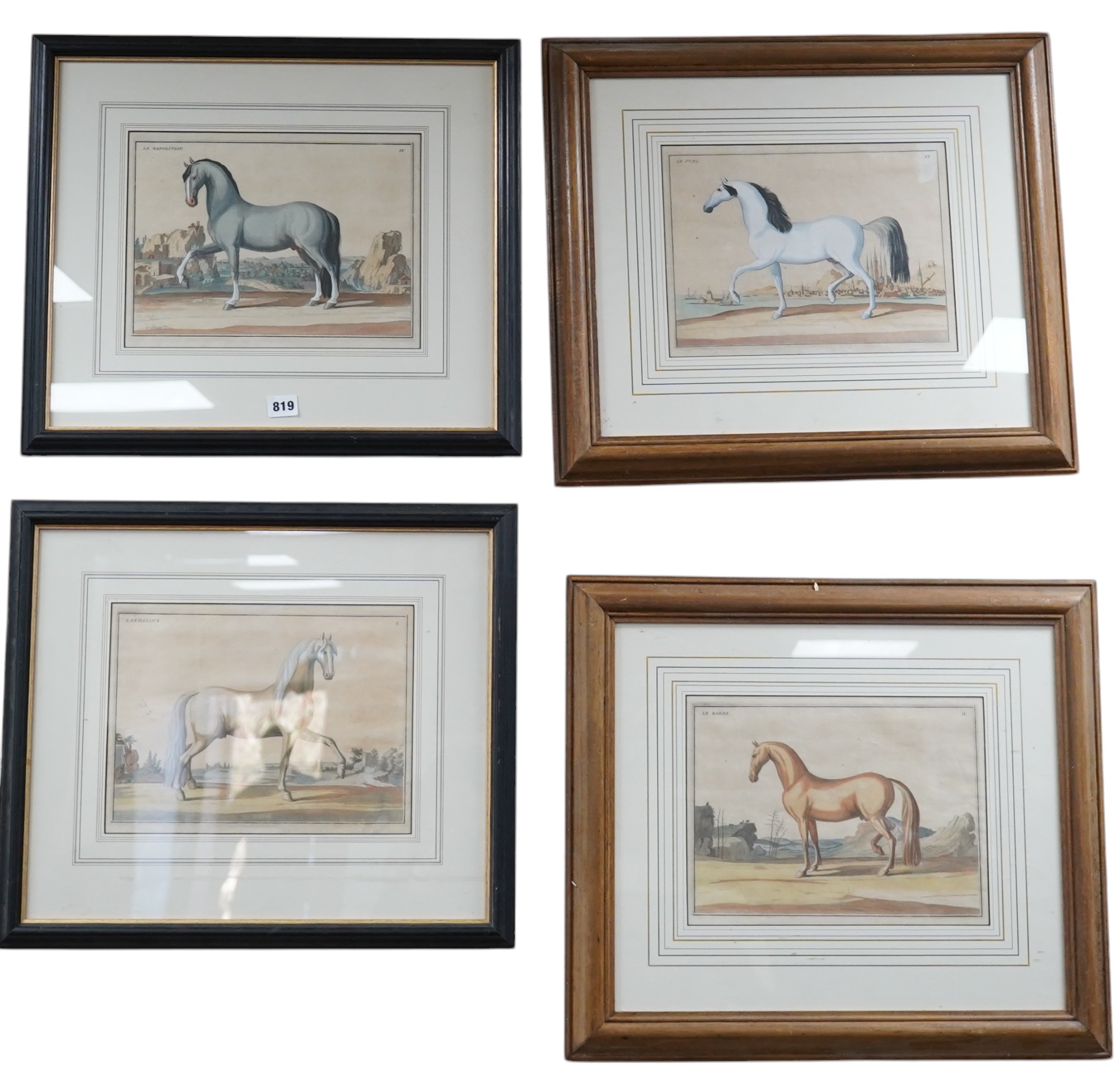 Four 18th/19th century coloured etchings, horses to include ‘Le Napolitain’ and ‘Le Turc’, 23 x 30cm. Condition - fair